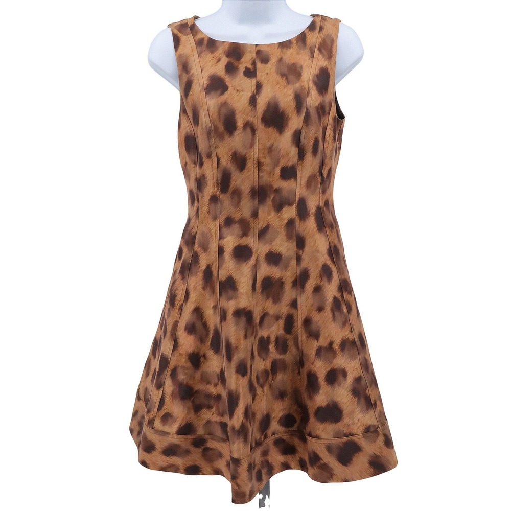 Milly‎ Poppy Leopard Print Taffeta Mini Dress Brown Sleeveless Cocktail Size 2 - Picture 2 of 11